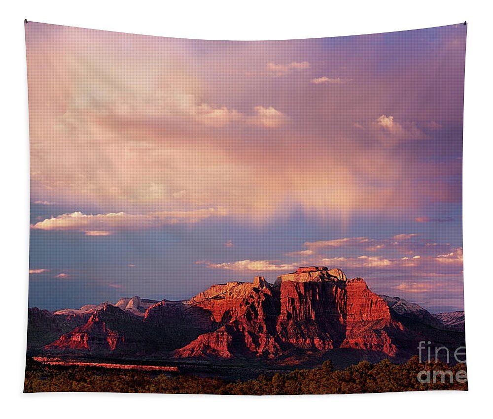 North America Tapestry featuring the photograph Sunset on West Temple Zion National Park by Dave Welling