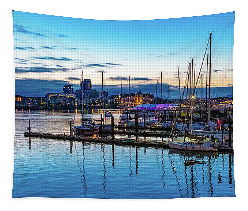 Sunset Tapestry featuring the digital art Sunset over a Harbor in Victoria British Columbia by SnapHappy Photos