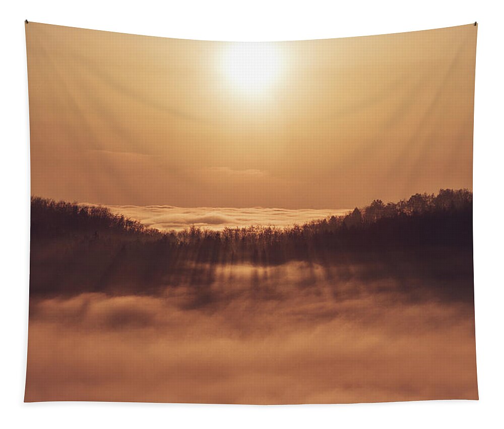 Palkovicke Hurky Tapestry featuring the photograph Sunset over a sea of clouds by Vaclav Sonnek
