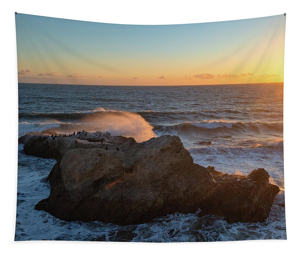 Beach Sunset Tapestry featuring the photograph Sunset Over the Bird Rock by Matthew DeGrushe
