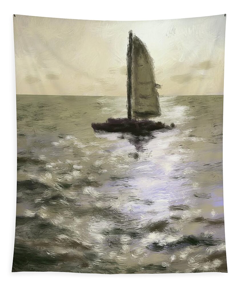 Sailboat Tapestry featuring the digital art Sunset Sailboat by Larry Whitler