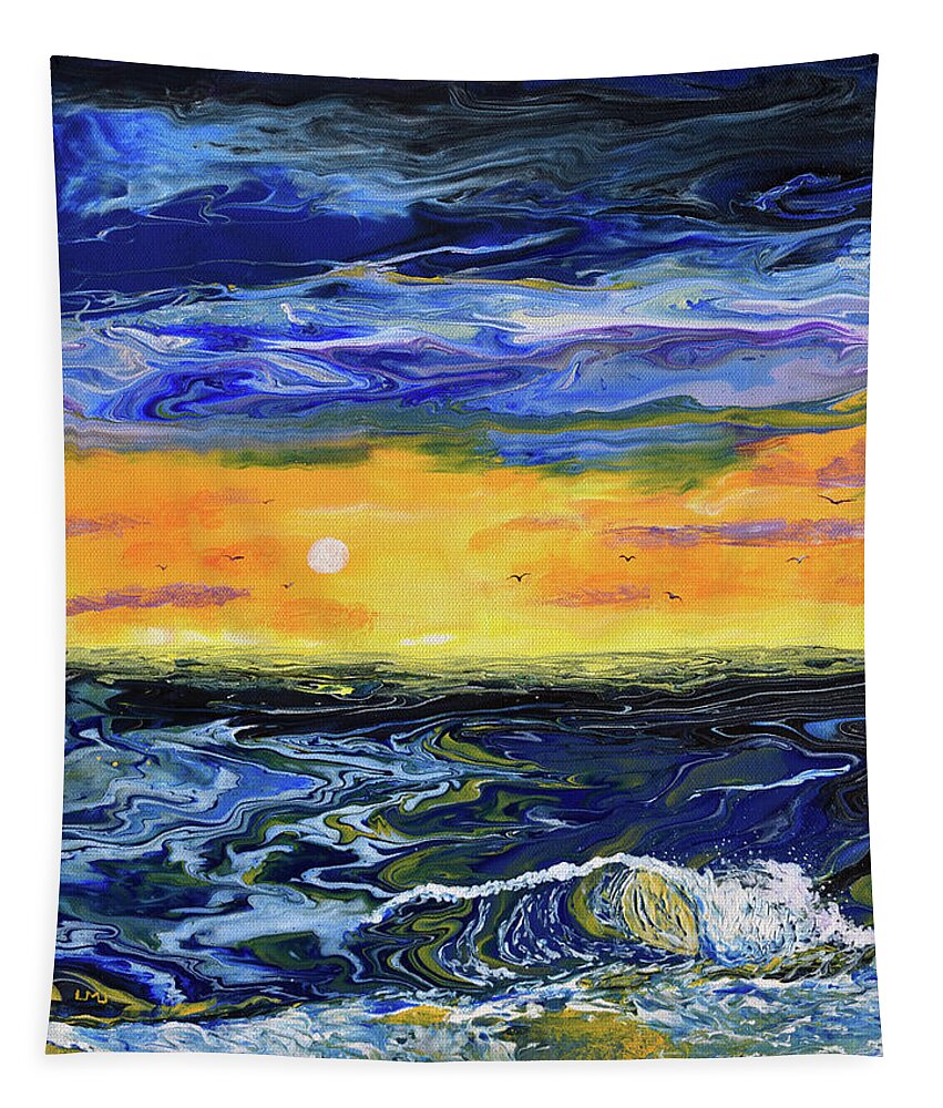 Pour Painting Tapestry featuring the painting Sunset Seascape in Blue and Yellow by Laura Iverson