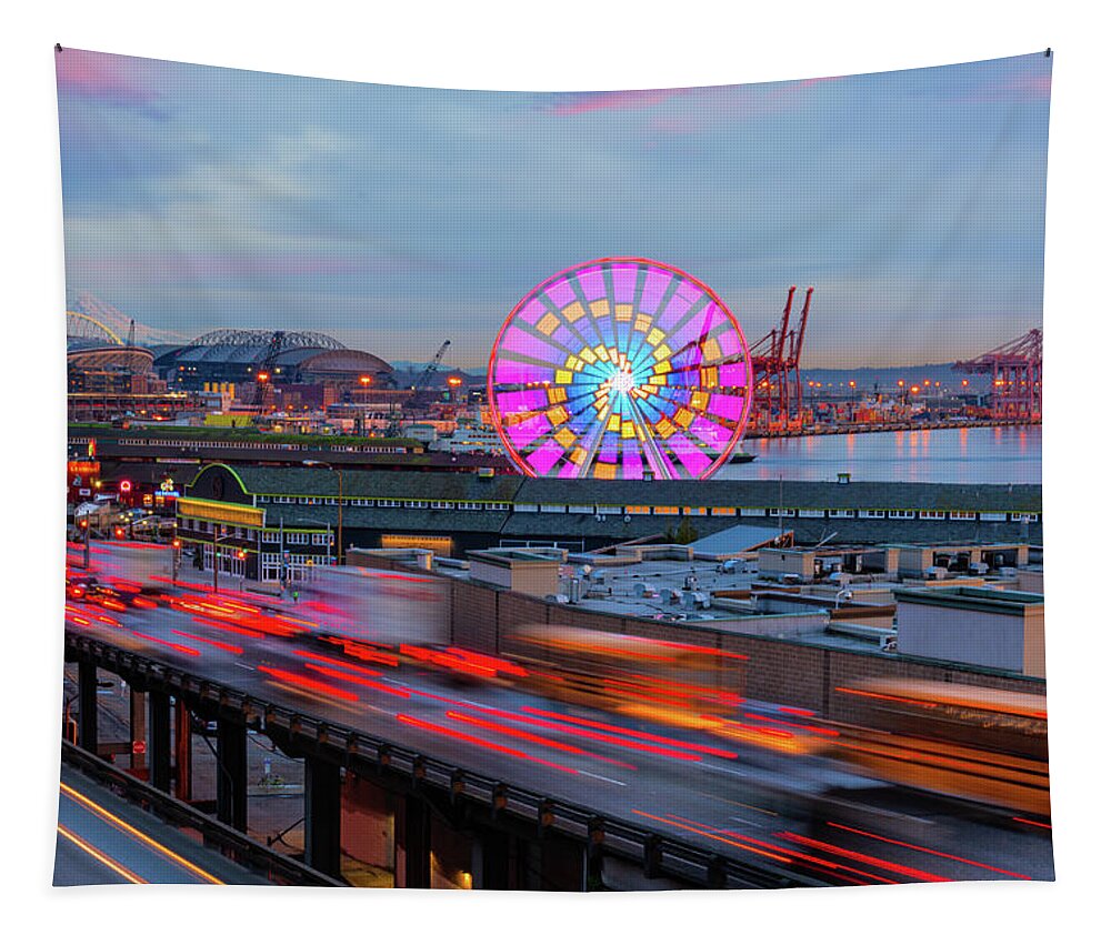 Outdoor; Iconic; Viaduct; Waterfront; Seattle; Sunset; Port Seattle; Mt Rainier; Stadiums; Tapestry featuring the digital art Sunset Seattle Waterfront by Michael Lee
