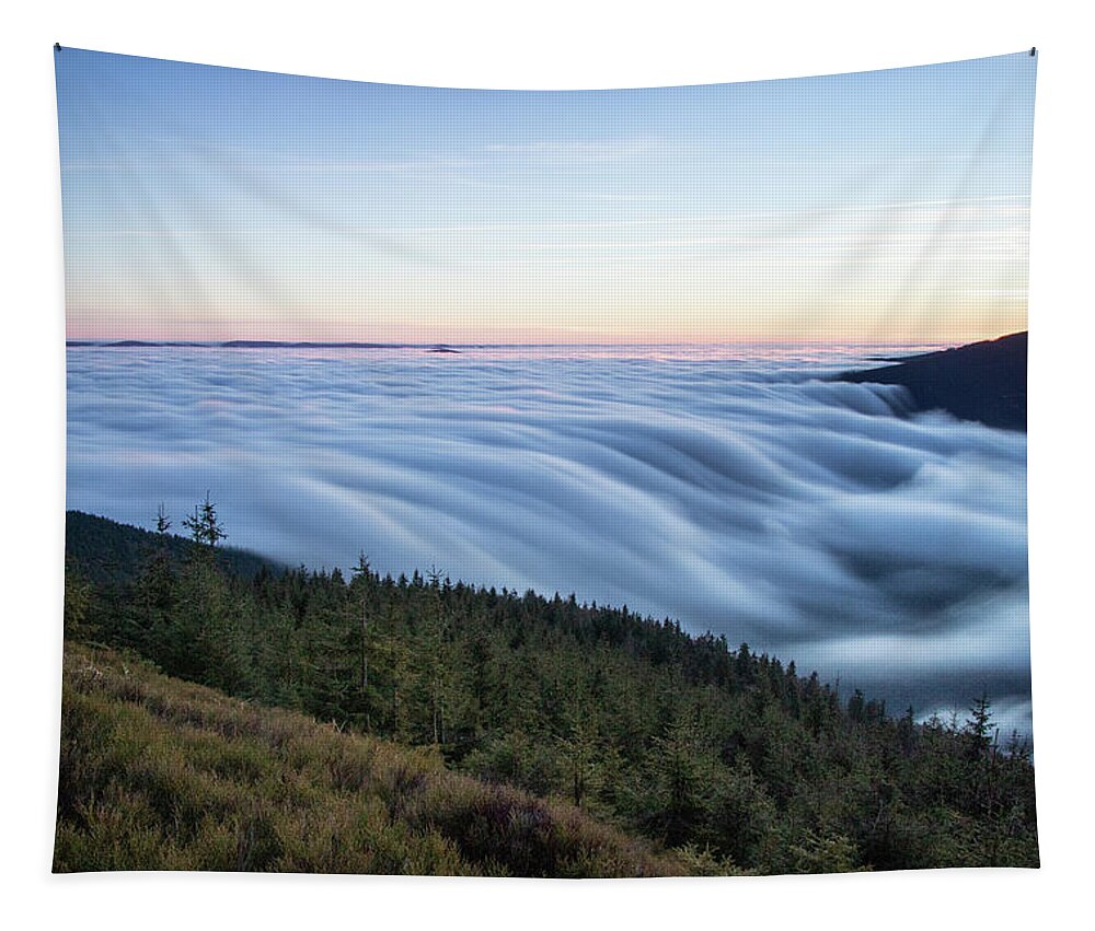 Courage Tapestry featuring the photograph Sunset with floating blue waves of clouds by Vaclav Sonnek