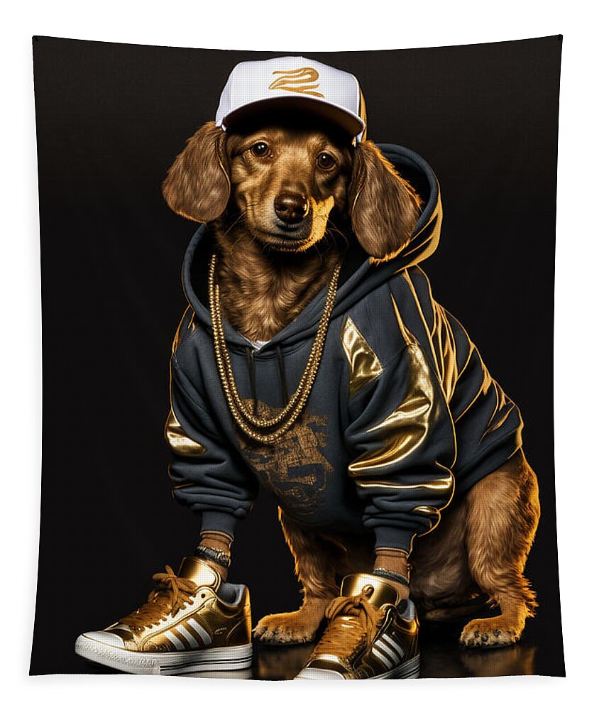 'sup Dawgg Dachshund Tapestry featuring the mixed media 'Sup Dawgg Dachshund by Jay Schankman