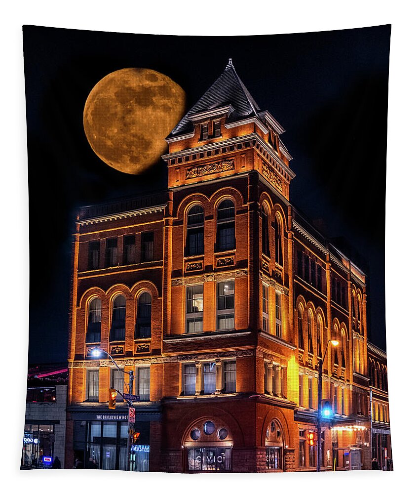 19th Century Architecture Tapestry featuring the photograph Super Moon Over Broadview Hotel Toronto by Dee Potter
