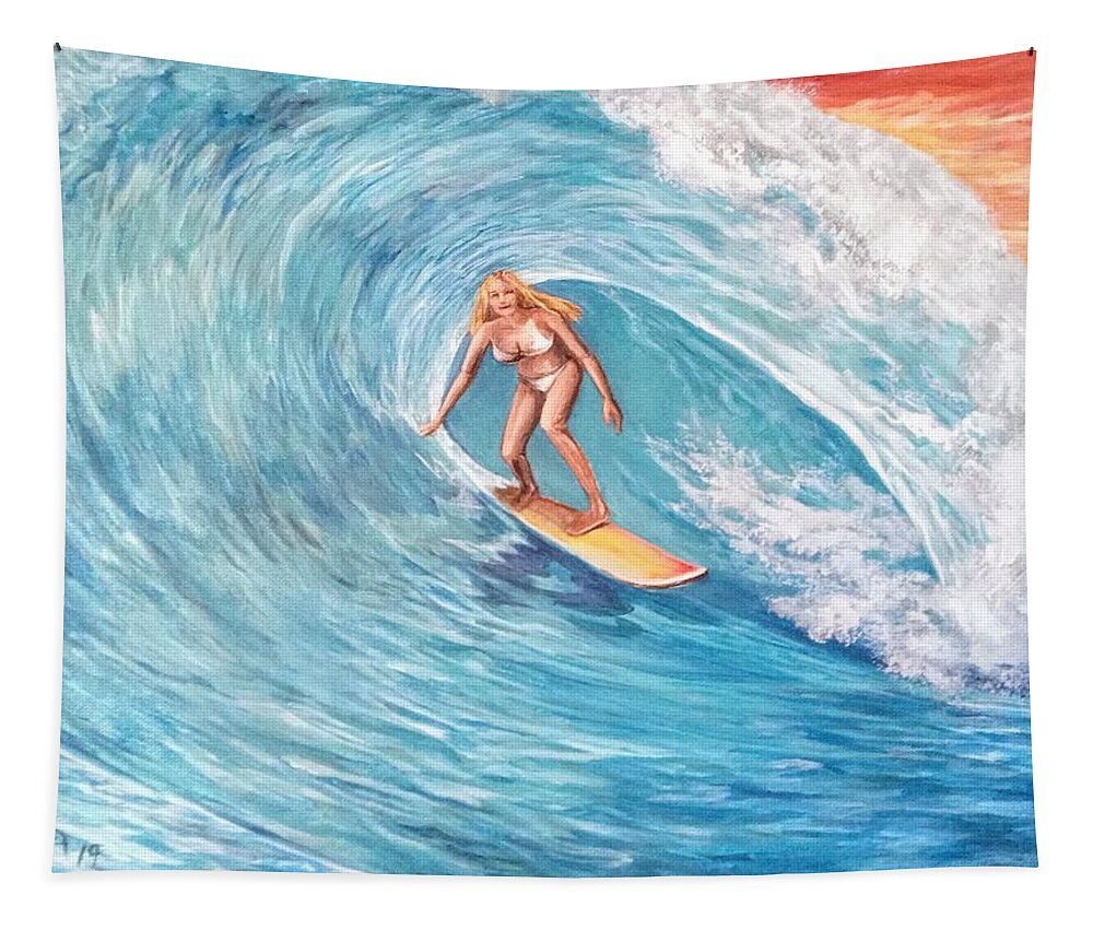 Surfing Tapestry featuring the painting Surf Girl by Sonya Allen