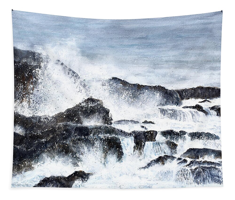 Ocean Tapestry featuring the painting Surf on a Rocky Coast by Wendy Keeney-Kennicutt