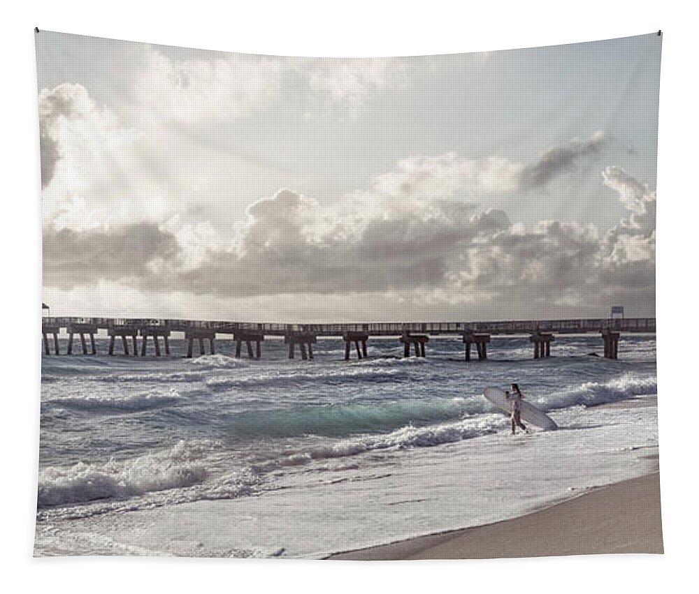 Clouds Tapestry featuring the photograph Surfer on the Beach Panorama by Debra and Dave Vanderlaan