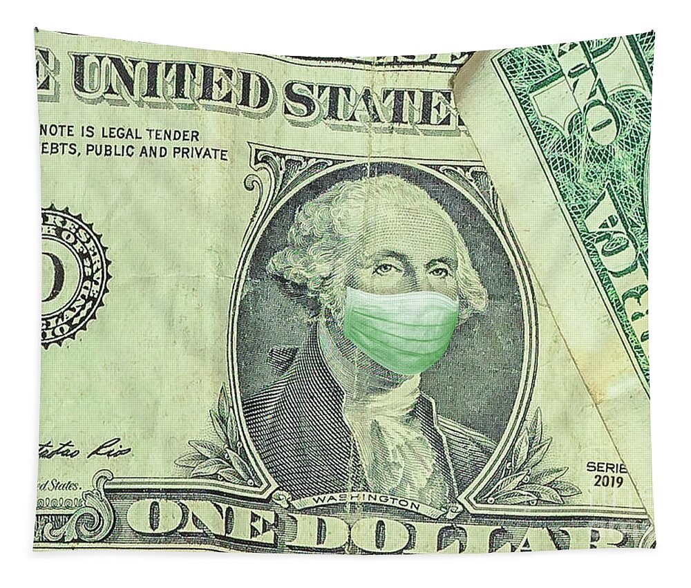 Mask Tapestry featuring the photograph Surgical mask on George Washington one American dollar by Benny Marty