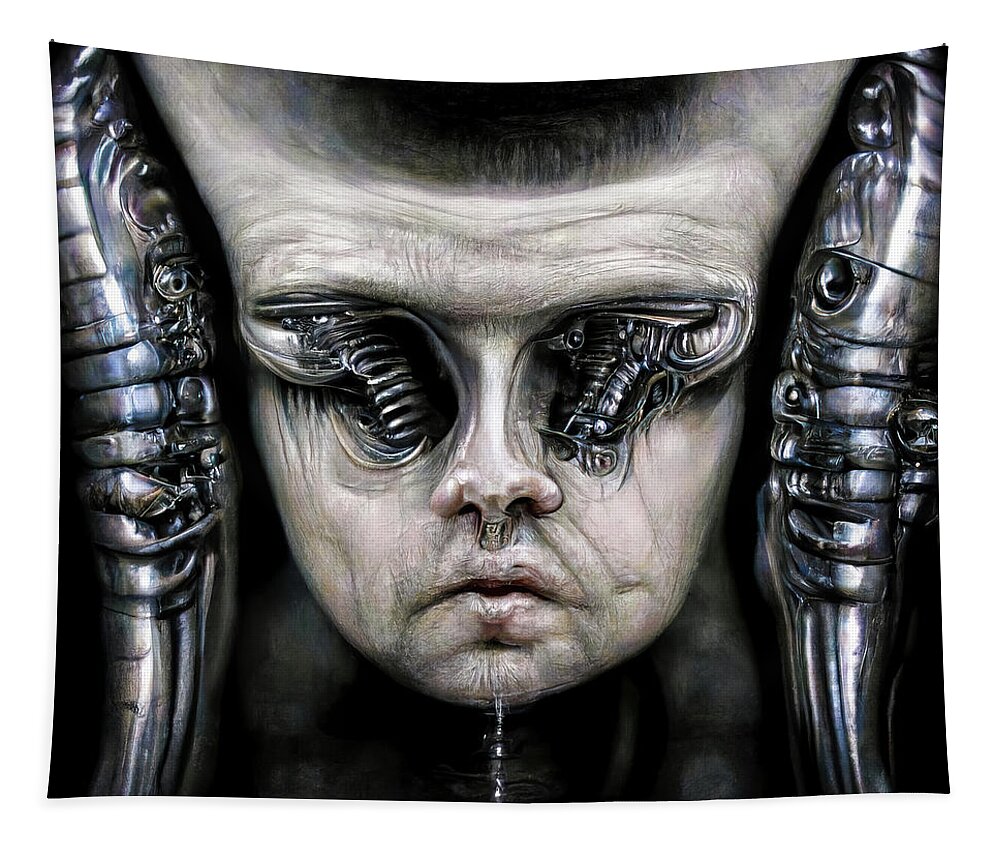 Cyborg Tapestry featuring the digital art Surreal Art 10 Cyborg Portrait by Matthias Hauser