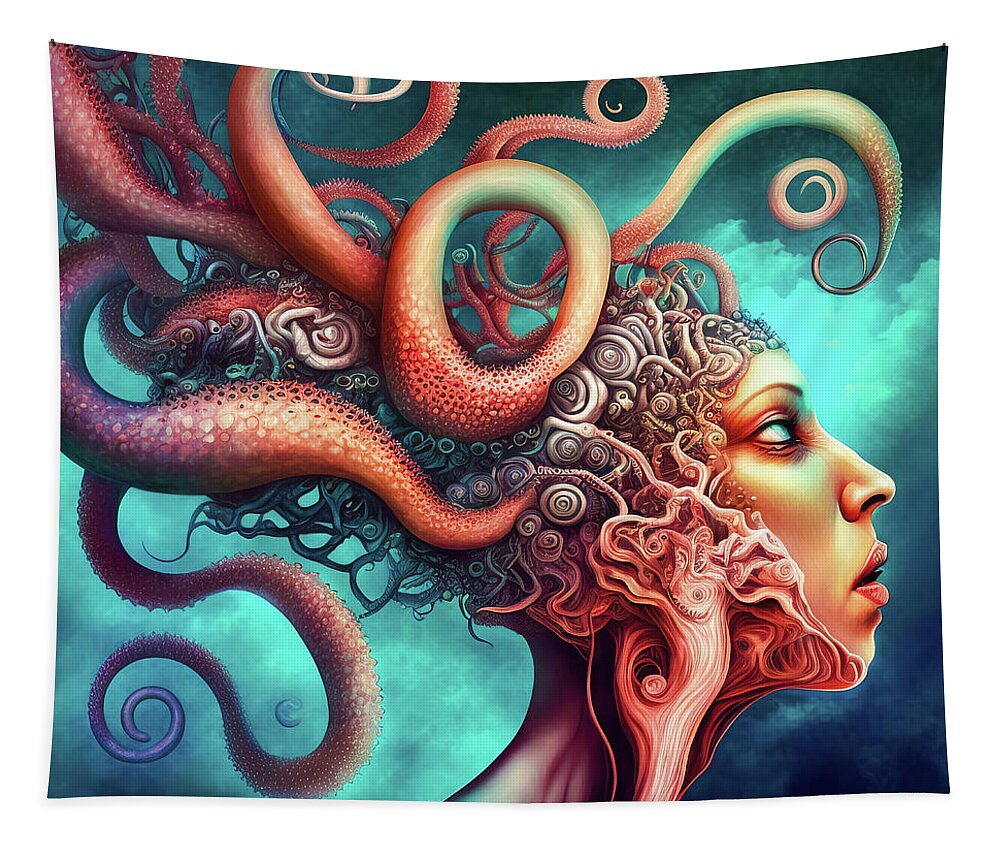 Octopus Tapestry featuring the digital art Surreal Hybrid Creature 01 Octopus and Human by Matthias Hauser