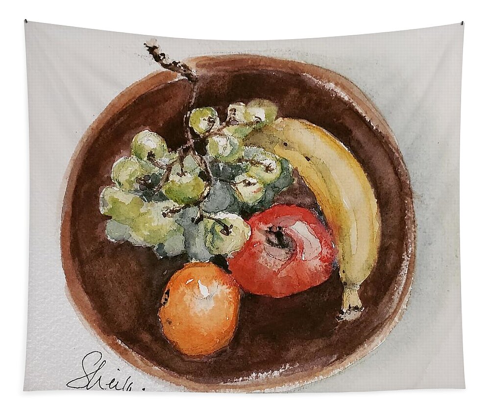 Still Life Tapestry featuring the painting Sustenance in a Wooden Bowl by Sheila Romard