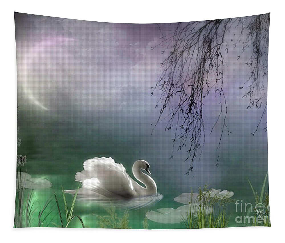 Swan Tapestry featuring the mixed media Swan by Moonlight by Morag Bates