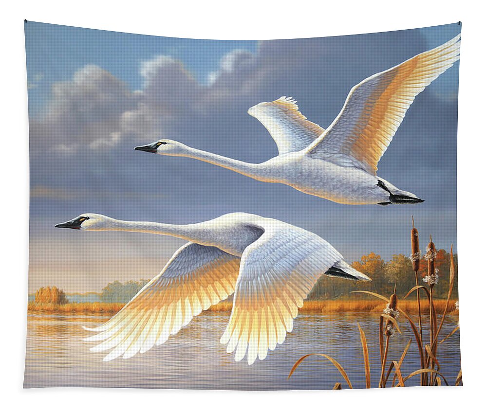Swans Tapestry featuring the painting Swans Over the James by Guy Crittenden