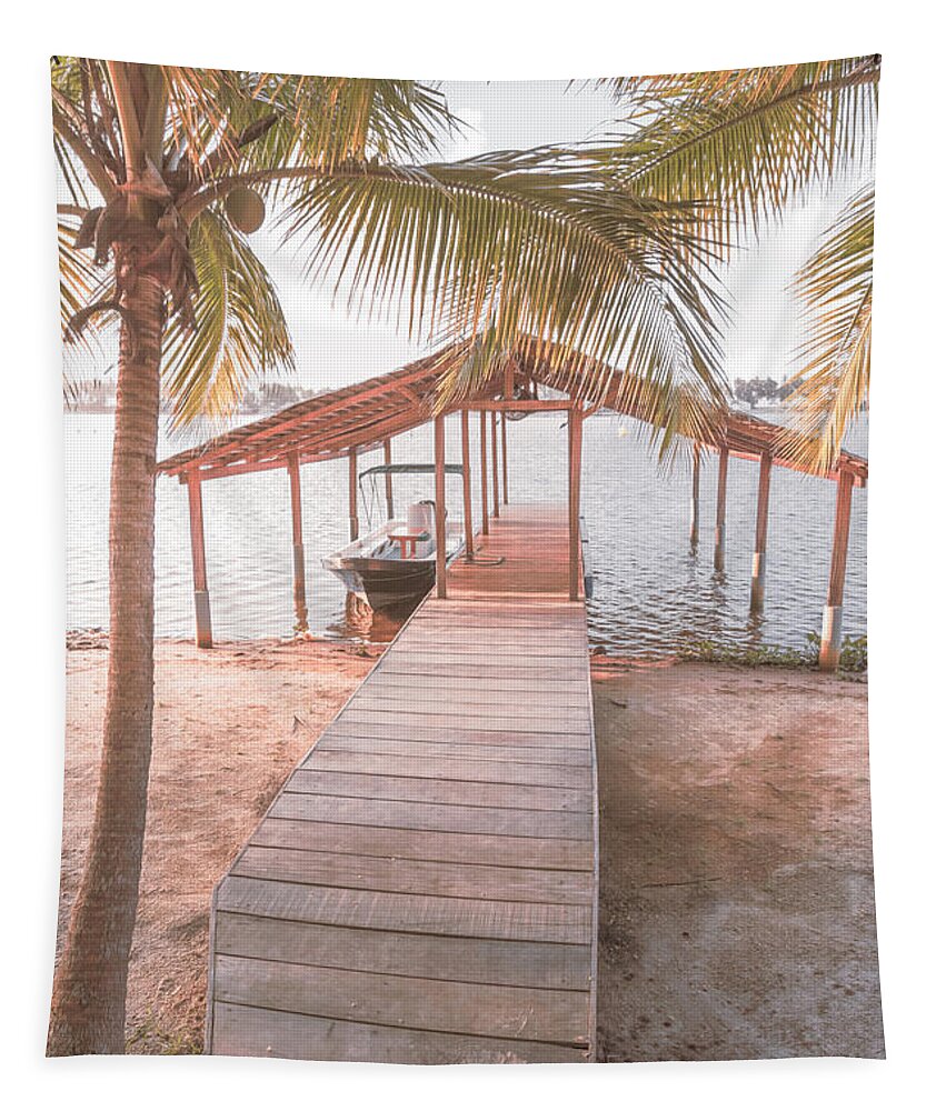 African Tapestry featuring the photograph Swaying Palms Over the Dock in Pale Colors by Debra and Dave Vanderlaan