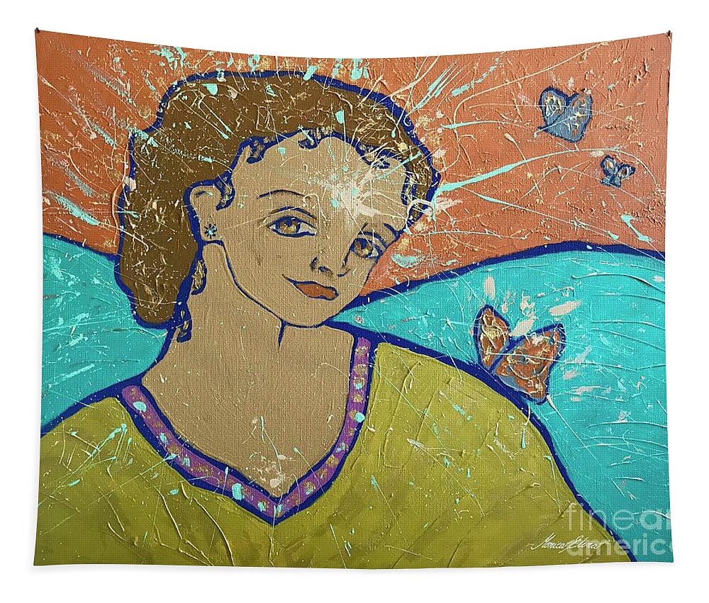 Angels Tapestry featuring the painting Sweet dreams, I am with you by Monica Elena