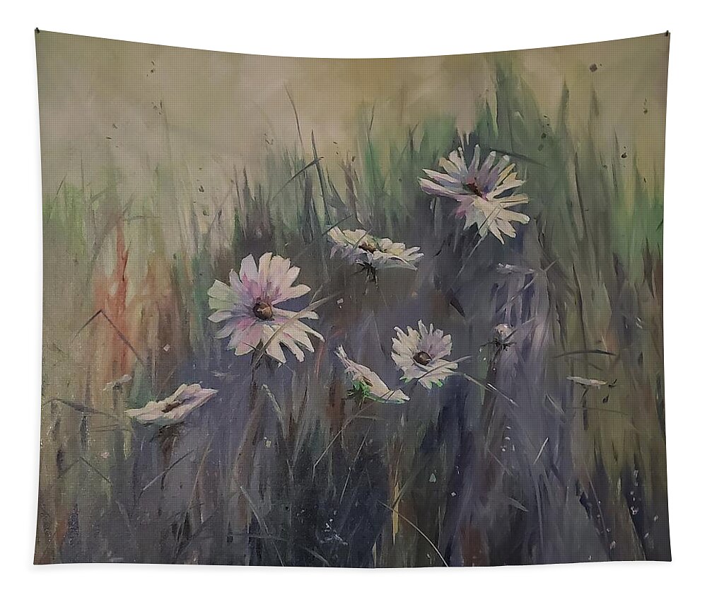 Landscape Tapestry featuring the painting Sweet Grass and Daisies by Sheila Romard
