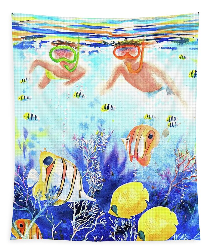 Underwater Tapestry featuring the painting Swimming with the Fish by Carlin Blahnik CarlinArtWatercolor