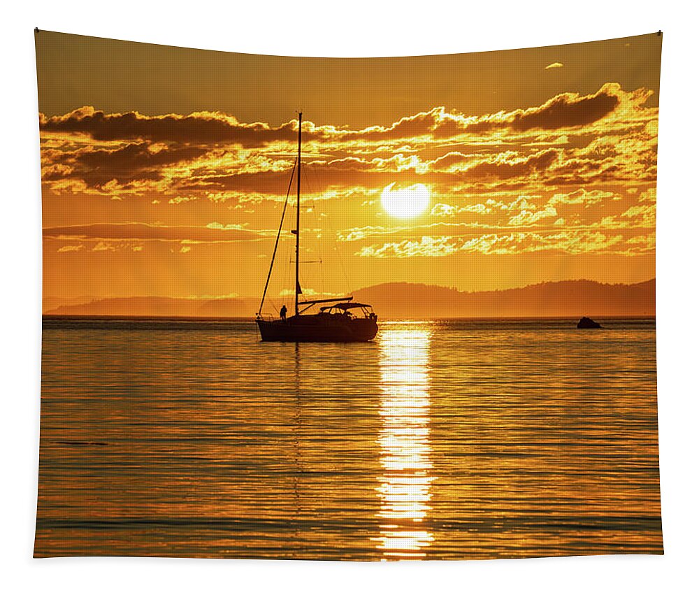 Sailboat Tapestry featuring the photograph Swinging on the Hook by Gary Skiff