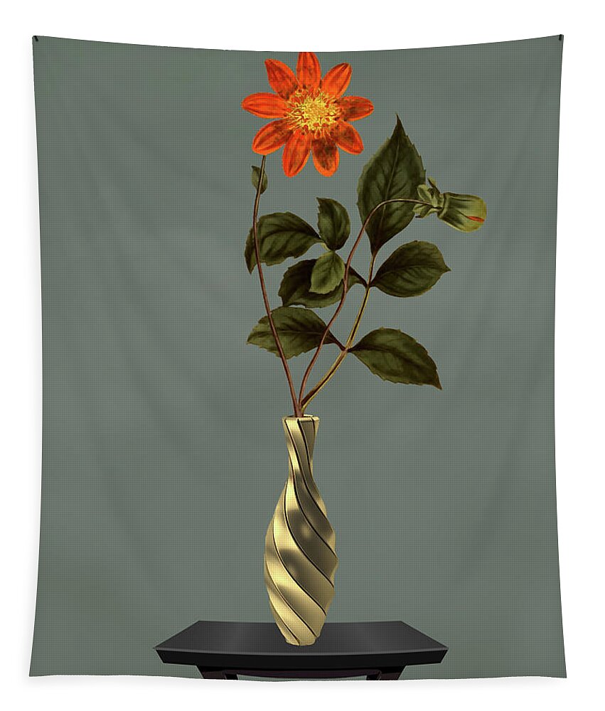 Scarlet Flowered Dahlia Tapestry featuring the mixed media Swirled Silver Metal Vase with Flower by David Dehner