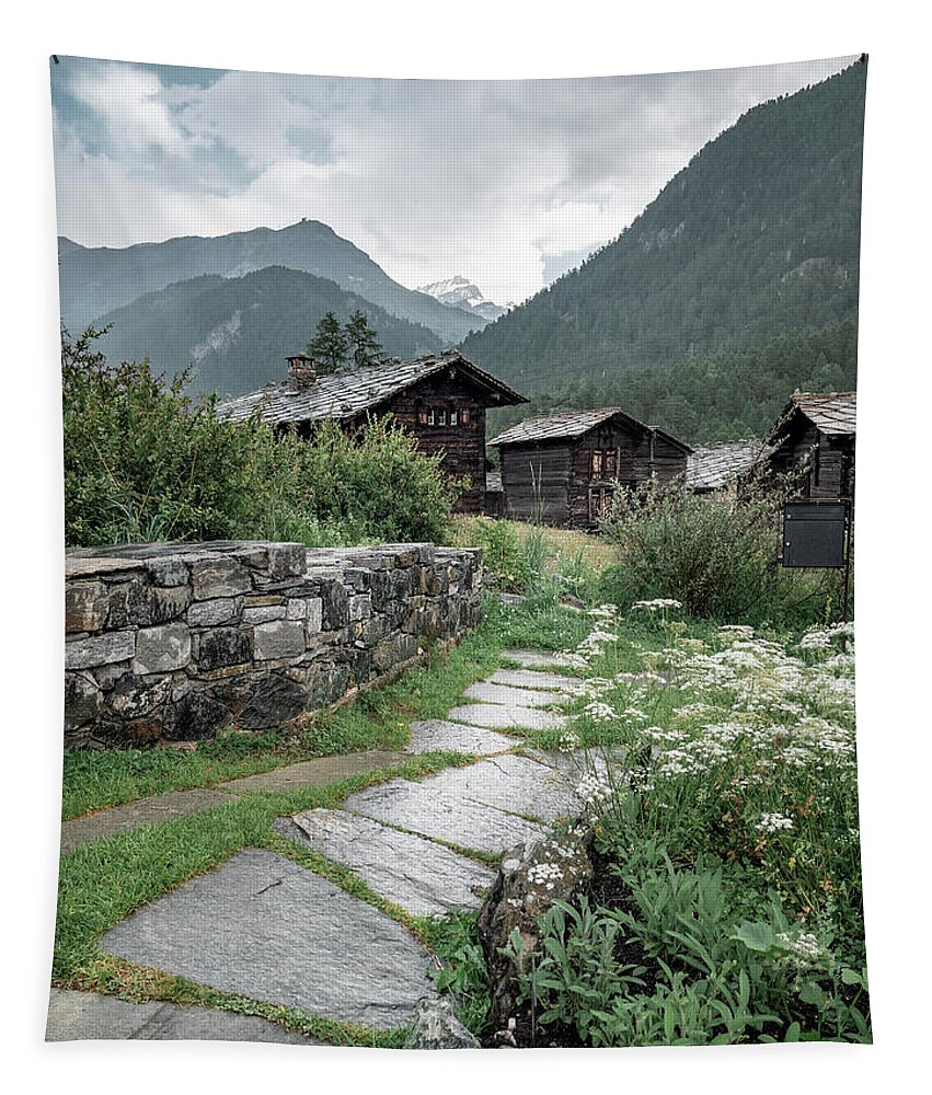 Nature Tapestry featuring the photograph Swiss village of Blatten in Zermatt during Summer by Benoit Bruchez