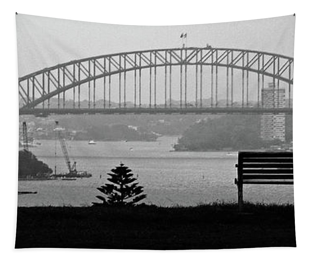 Sydney Harbor Bridge Tapestry featuring the photograph Sydney Harbor Bridge Black And White by Randall Weidner
