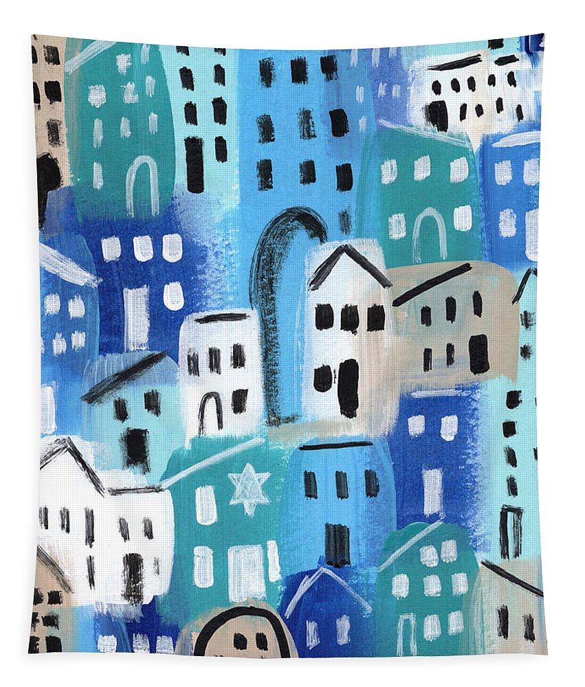 Synagogue Tapestry featuring the painting Synagogue- City Stories by Linda Woods