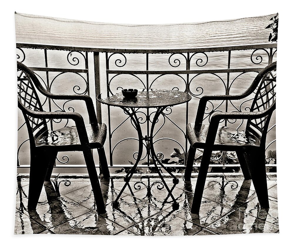 Table For Two On Rainy Day Tapestry featuring the photograph Table For Two On Rainy Day by Tatiana Bogracheva