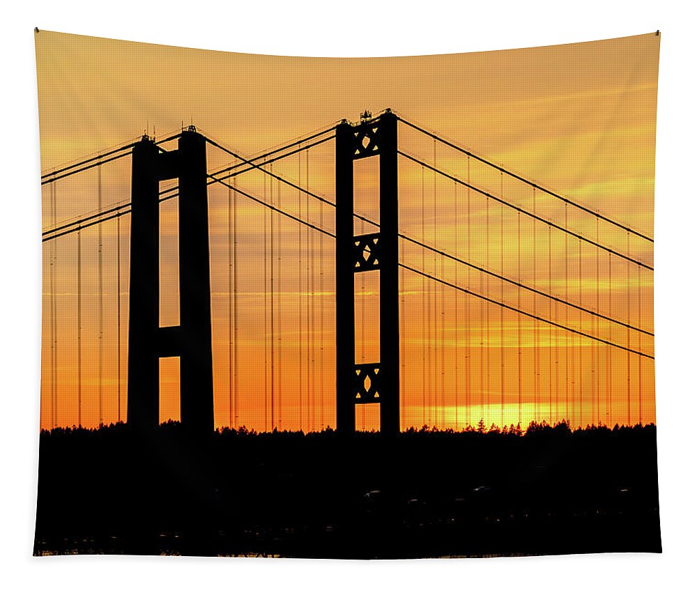 Tacoma Tapestry featuring the photograph Tacoma Narrows Bridges Fiery Sunset by Rob Green