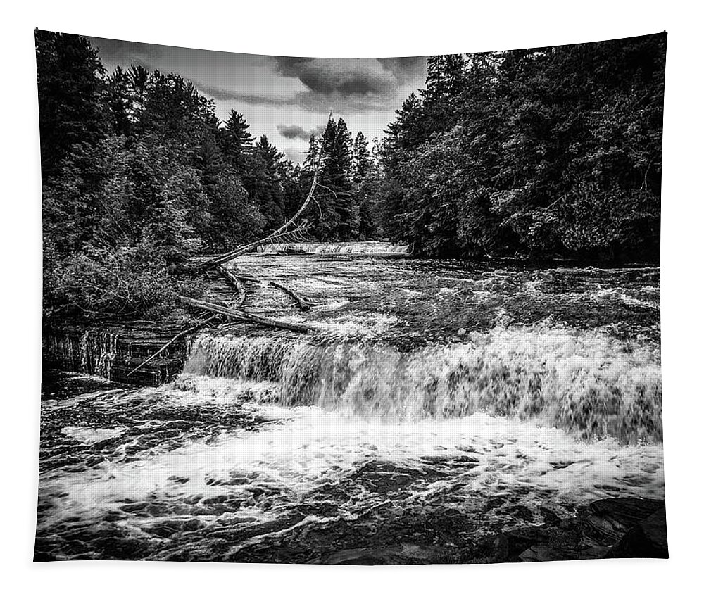 Tahquamenon Falls State Park Tapestry featuring the photograph Tahquamenon Lower Falls in Black and White by Deb Beausoleil