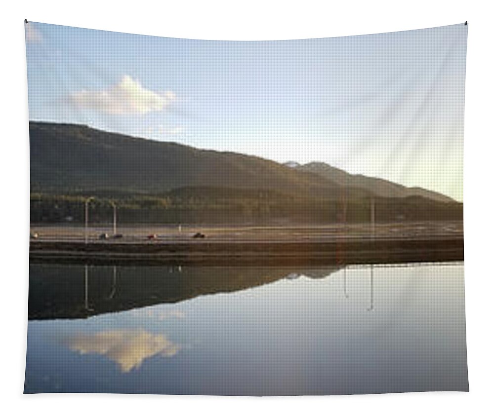 #alaska #juneau #ak #cruise #tours #vacation #peaceful #reflection #twinlakes #douglas #capitalcity #postcard #evening #dusk #sunset #panorama #egandrive Tapestry featuring the photograph Taking it all in by Charles Vice