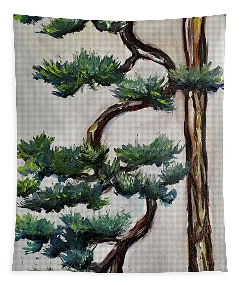 Bonsai Tapestry featuring the painting Tall Cascading Bonsai Tree by Roxy Rich