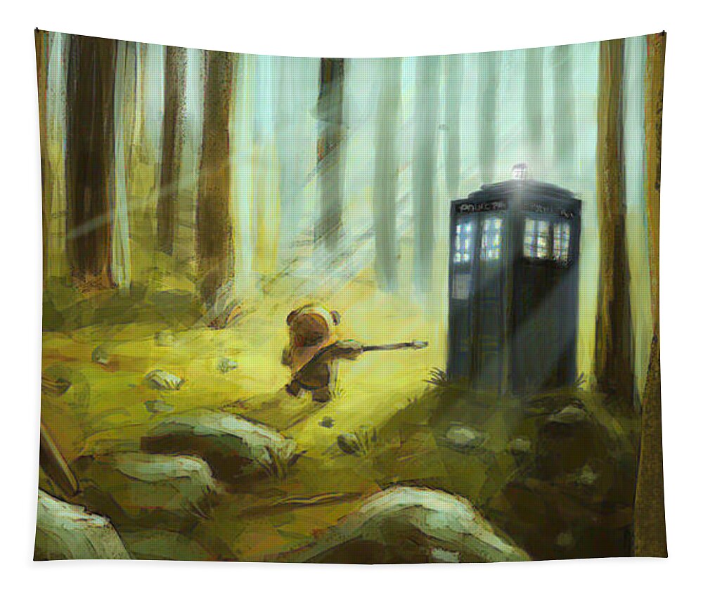 Ewoks Starwars Star Wars Doctor Who Tardis Sci Fi Fantasy Mash Up Drawing Painting Illustration Art Tapestry featuring the painting Tardis on Endore by Brett Hardin