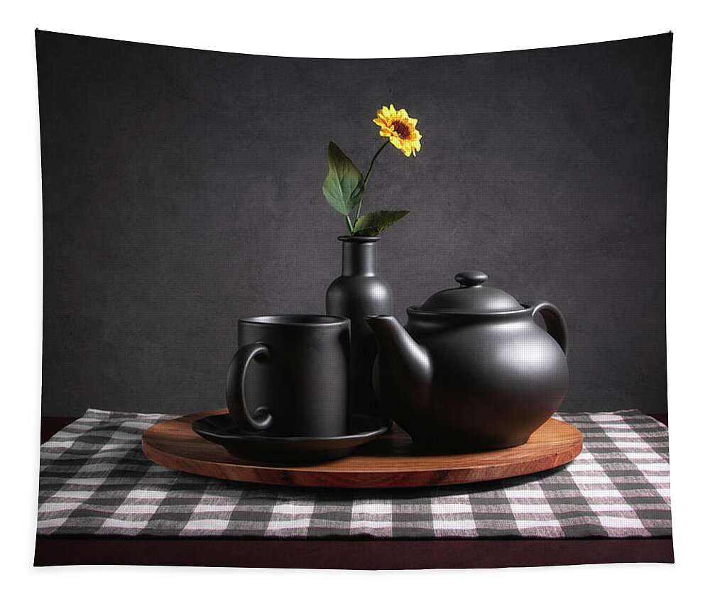 Vase Tapestry featuring the photograph Tea Set with Sunflower by Tom Mc Nemar