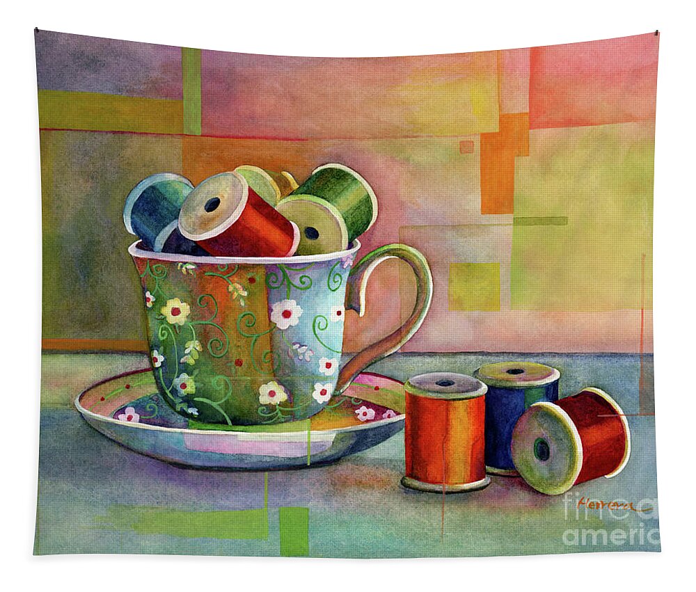 Teacup Tapestry featuring the painting Teacup and Spools by Hailey E Herrera