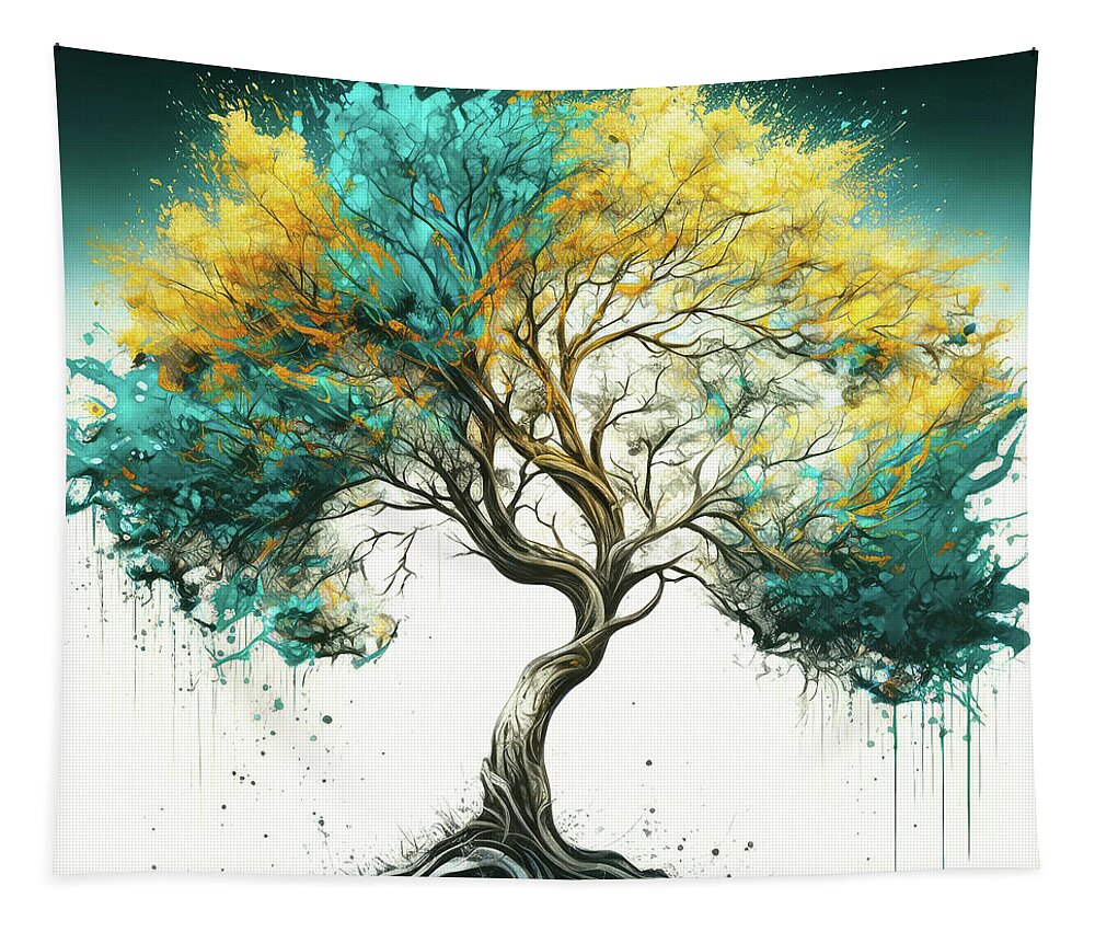Tree Of Life Tapestry featuring the painting Teal And Yellow Tree Of Life by Tina LeCour