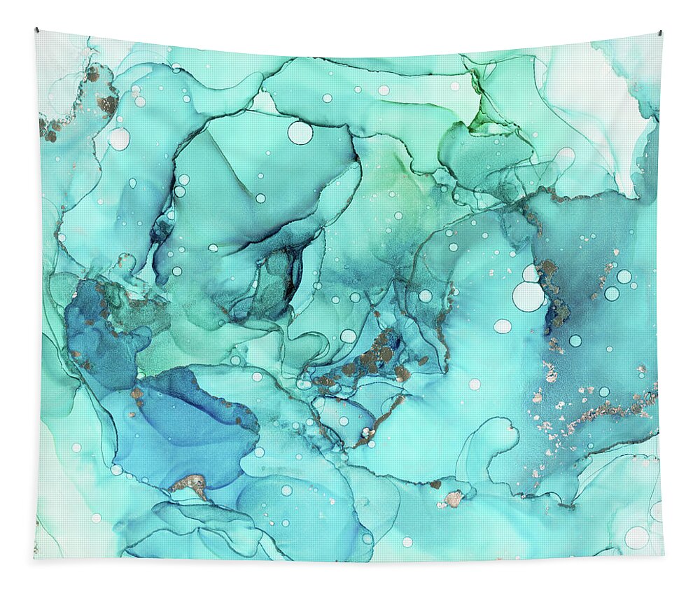 Ink Tapestry featuring the painting Teal Blue Chrome Abstract Ink by Olga Shvartsur