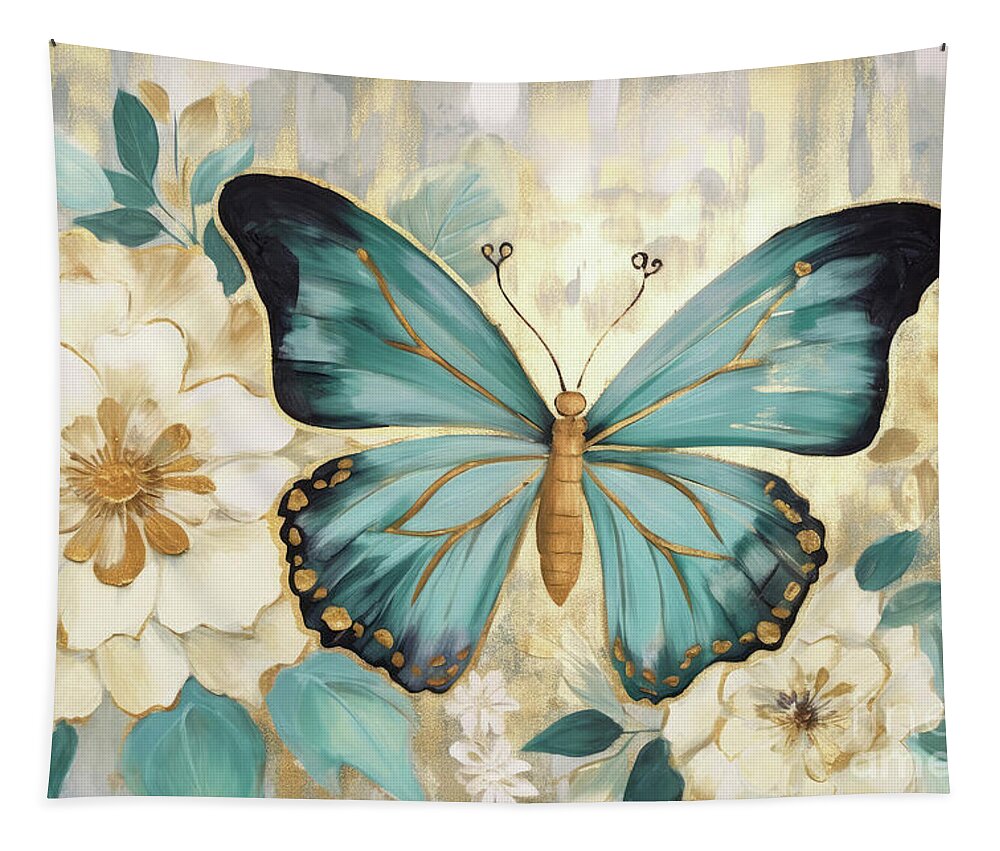 Butterfly Tapestry featuring the painting Teal Botanical Butterfly by Tina LeCour