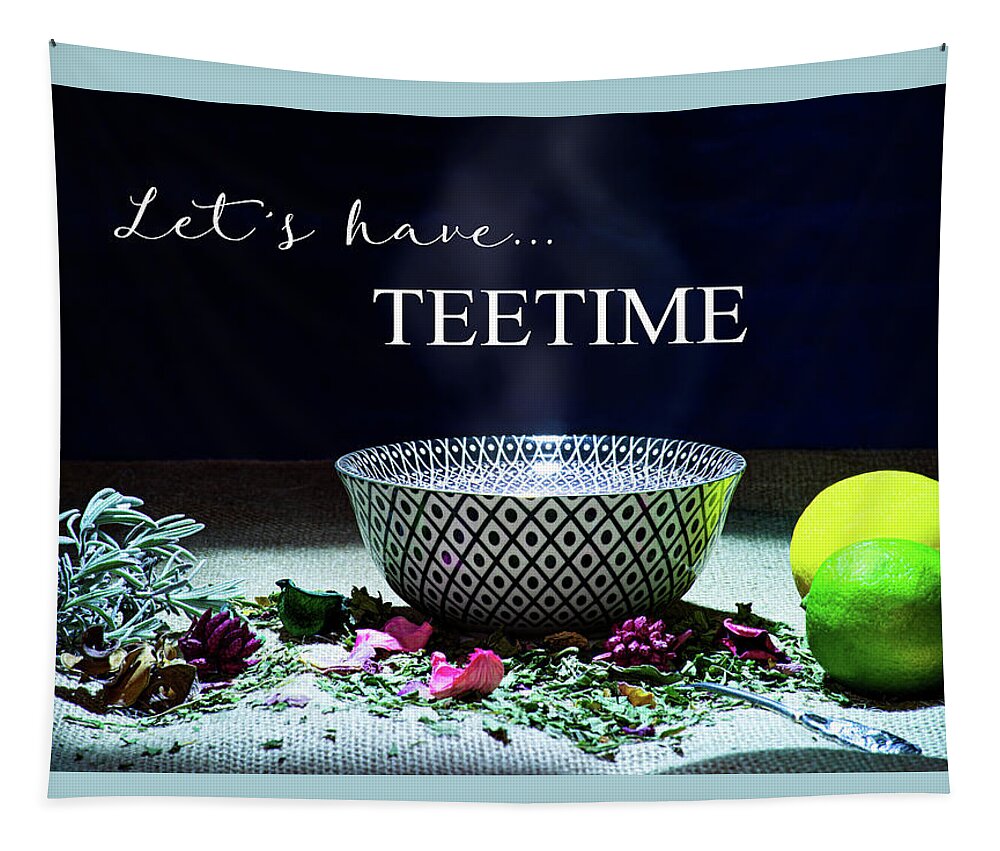 Inscription Tapestry featuring the photograph A drinking bowl with tea and herbs. by Bernhard Schaffer