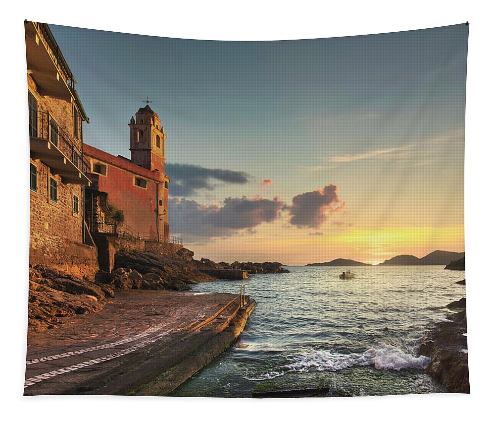 Tellaro Tapestry featuring the photograph Tellaro Church and Sea. Liguria by Stefano Orazzini