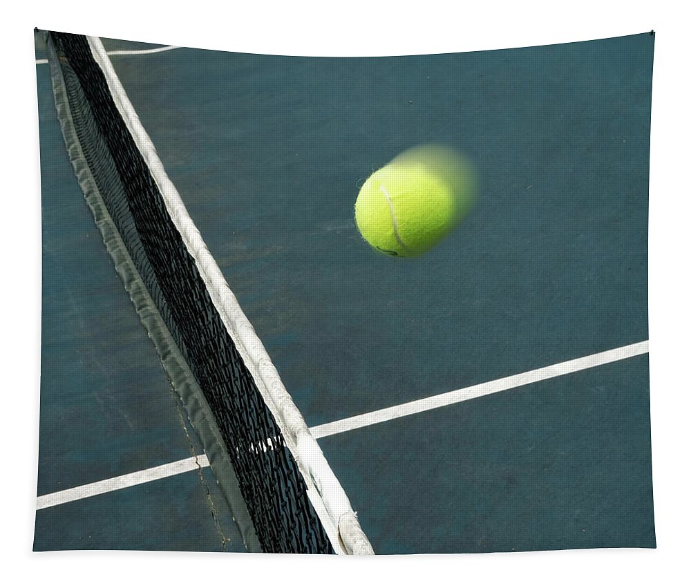 Tennis Tapestry featuring the photograph Tennis Ball In Motion Approaching Net by Gary Slawsky