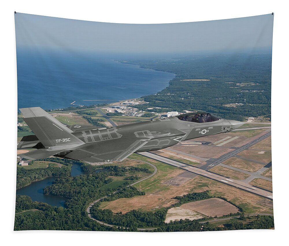 Lightning Tapestry featuring the digital art TF-35C Over Patuxent River by Custom Aviation Art