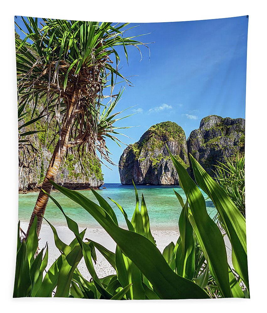 Koh Phi Phi Tapestry featuring the photograph Thailand - Maya Bay on Koh Phi Phi Le island by Olivier Parent