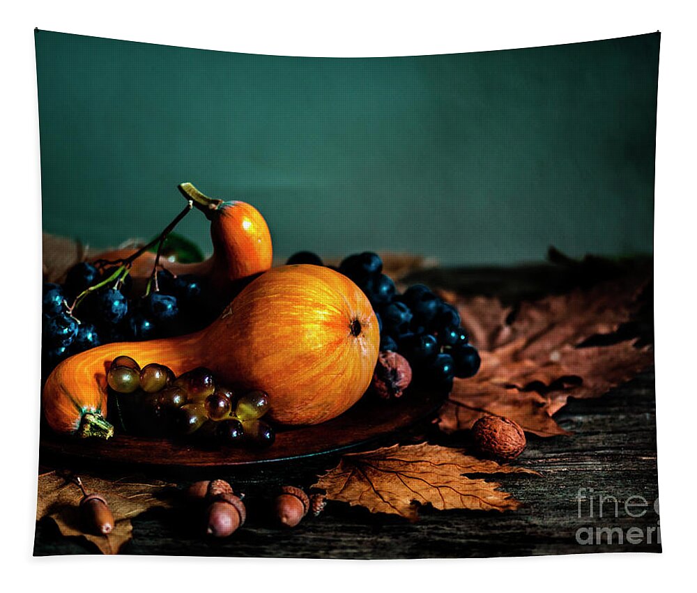 Thanksgiving Tapestry featuring the photograph Thanksgiving composition with autumn fruit in wooden plate by Jelena Jovanovic
