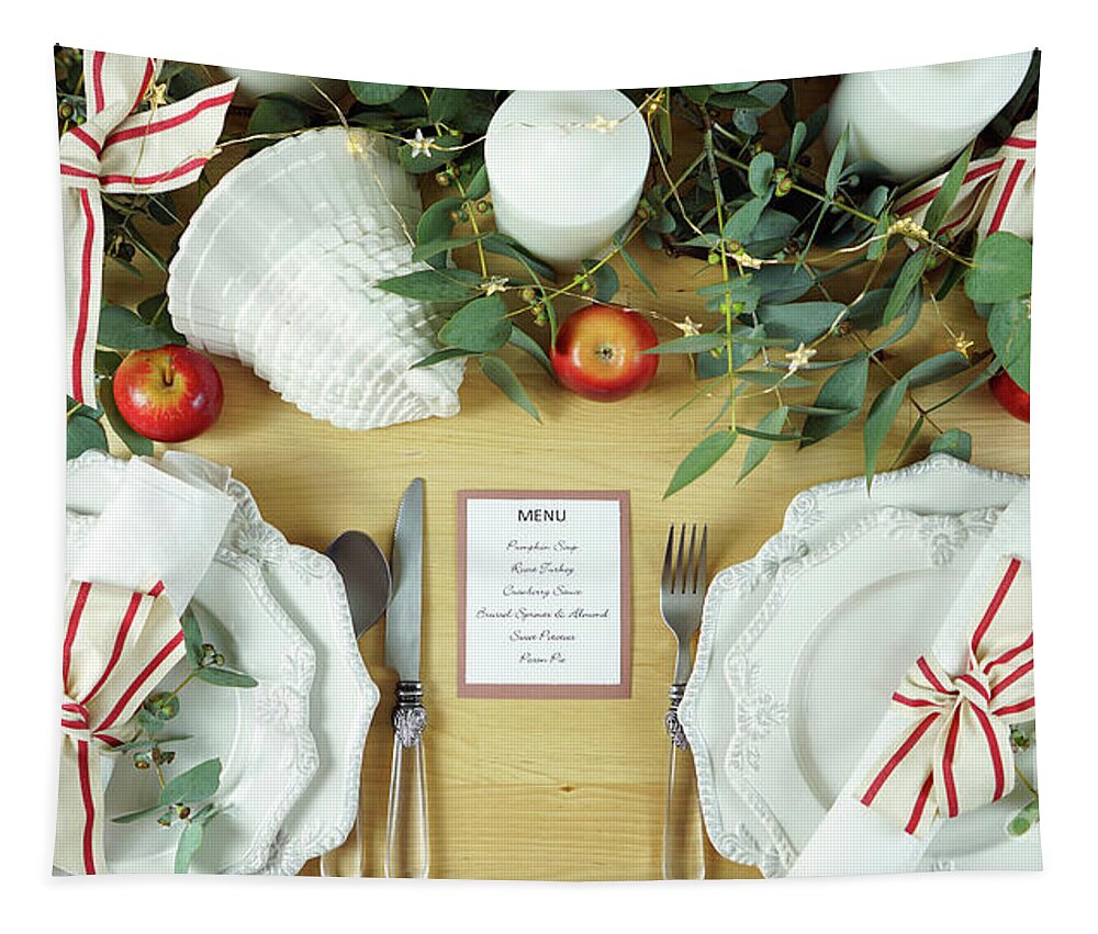 Thanksgiving Tapestry featuring the photograph Thanksgiving setting modern elegant red and white table overhead flat lay. by Milleflore Images