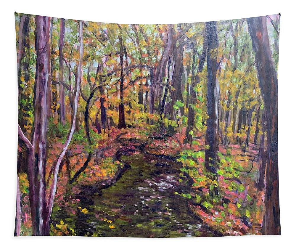 Woods Stream Fall Trees Trail Tapestry featuring the painting Thanksgiving woods by Beth Riso