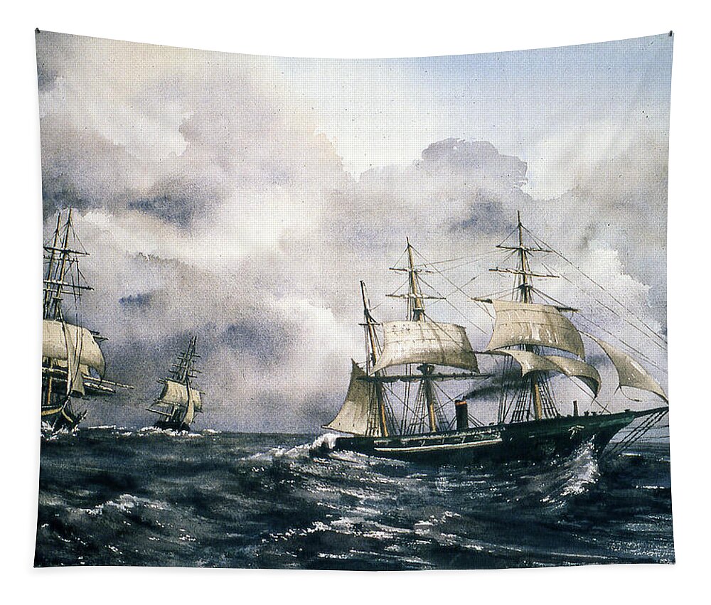  Tapestry featuring the painting The Alabama off the USA. by Val Byrne