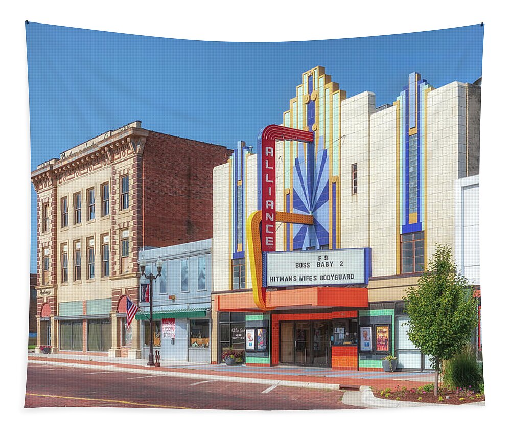 Nebraska Tapestry featuring the photograph The Alliance Theater and Newberrys Hardware - Alliance Nebraska by Susan Rissi Tregoning