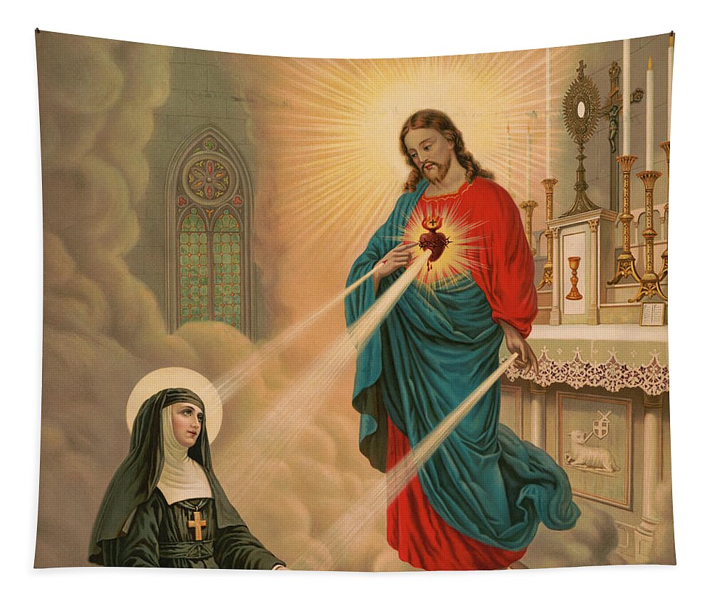 Sacred Heart Tapestry featuring the painting The apparition of our Lord to blessed Margaret Mary Alacoque by Unknown